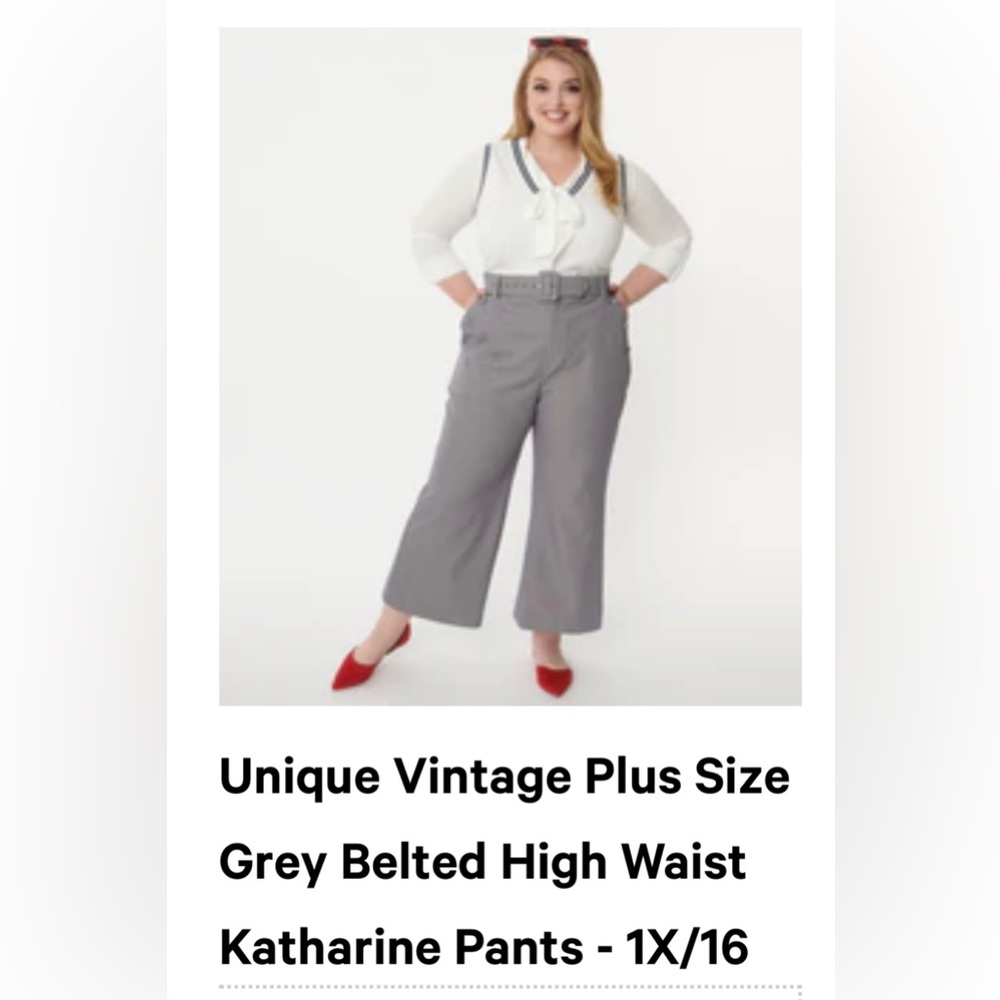 Unique Vintage Plus Sized Grey Belted High Waisted Katherine Pants 1X-16